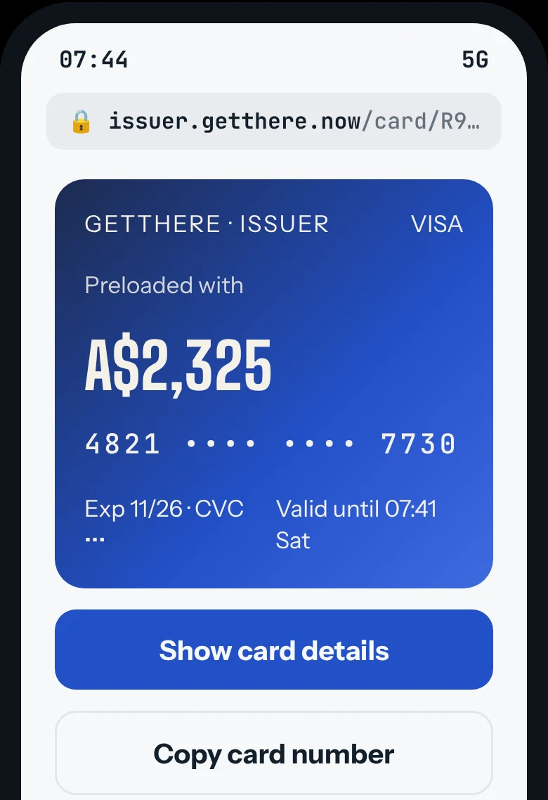 Card page with A$2,325 to spend
