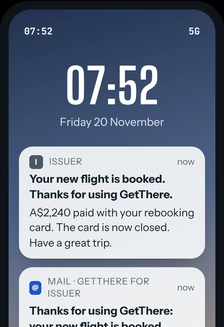 Lock screen at 07:52: new flight booked