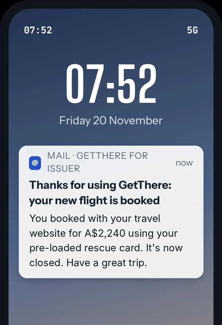 Lock screen at 07:52: GetThere email saying the new flight is booked