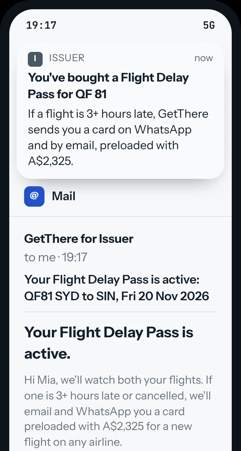 Push confirming the Flight Delay Pass is bought