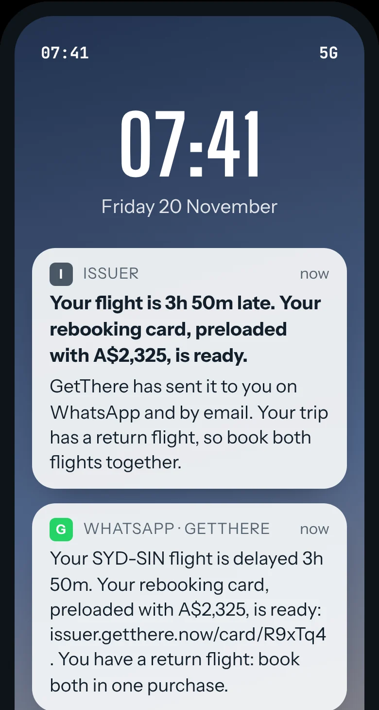 Push saying the flight is late and the rebooking card is ready