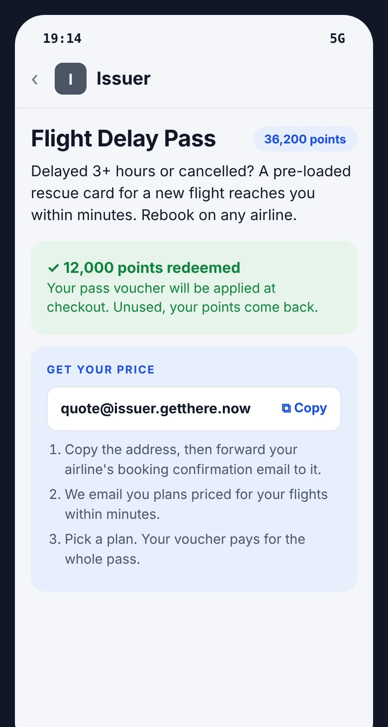 The same page after redeeming: her pass voucher will be applied at checkout, and her forwarding address