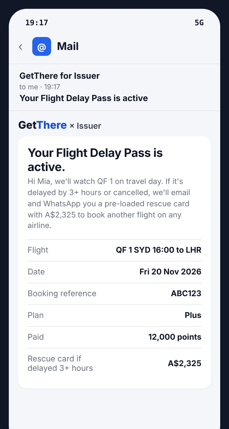 Email from the Underwriter: your Flight Delay Pass is active, paid with 12,000 points