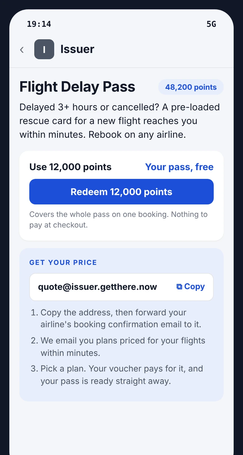 Your redemption page: her forwarding address, and 12,000 points for a free Flight Delay Pass
