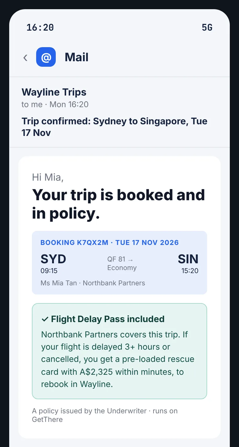 Wayline confirmation email: SYD to SIN on QF 81, Tuesday 09:15, Flight Delay Pass paid by Northbank Partners