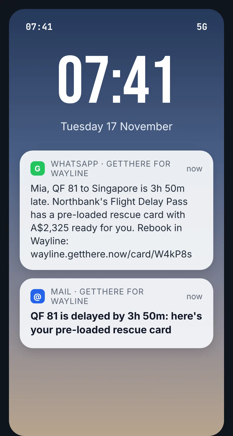 Lock screen at 07:41: WhatsApp from GetThere for Wayline: QF 81 is 3 hours 50 minutes late, A$2,325 rescue card ready