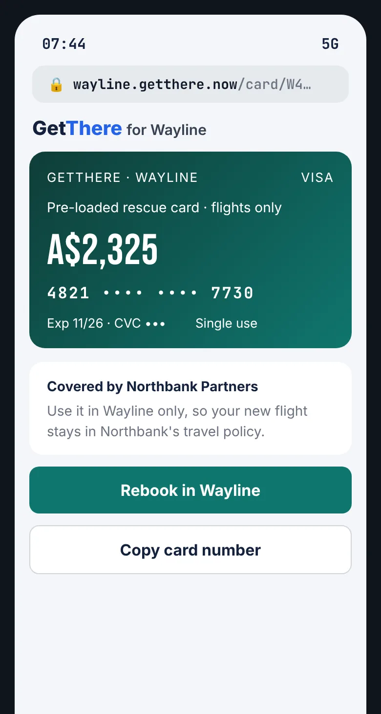 Rescue card page from GetThere for Wayline: A$2,325, covered by Northbank Partners, for new flights in Wayline only