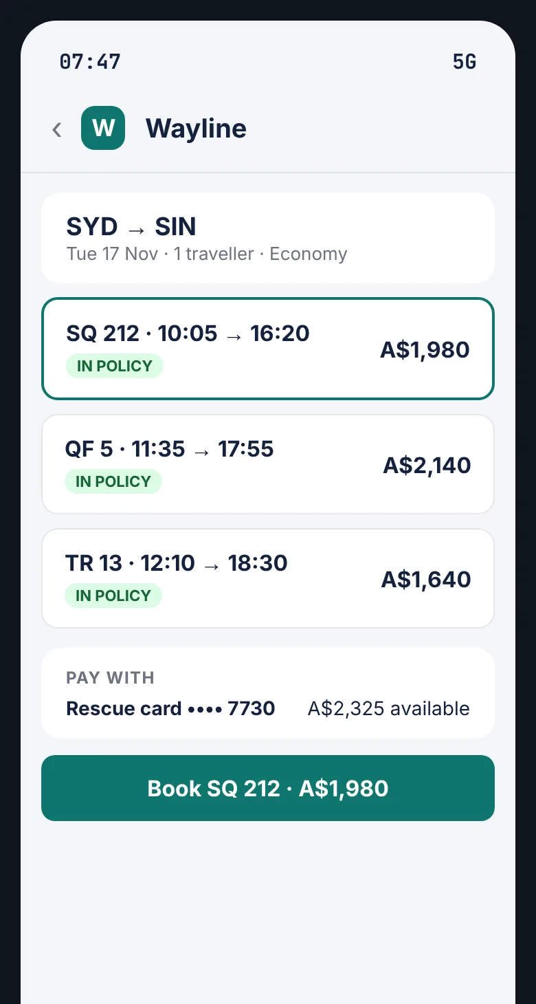 Wayline search, Sydney to Singapore, in-policy flights marked, paying with the rescue card