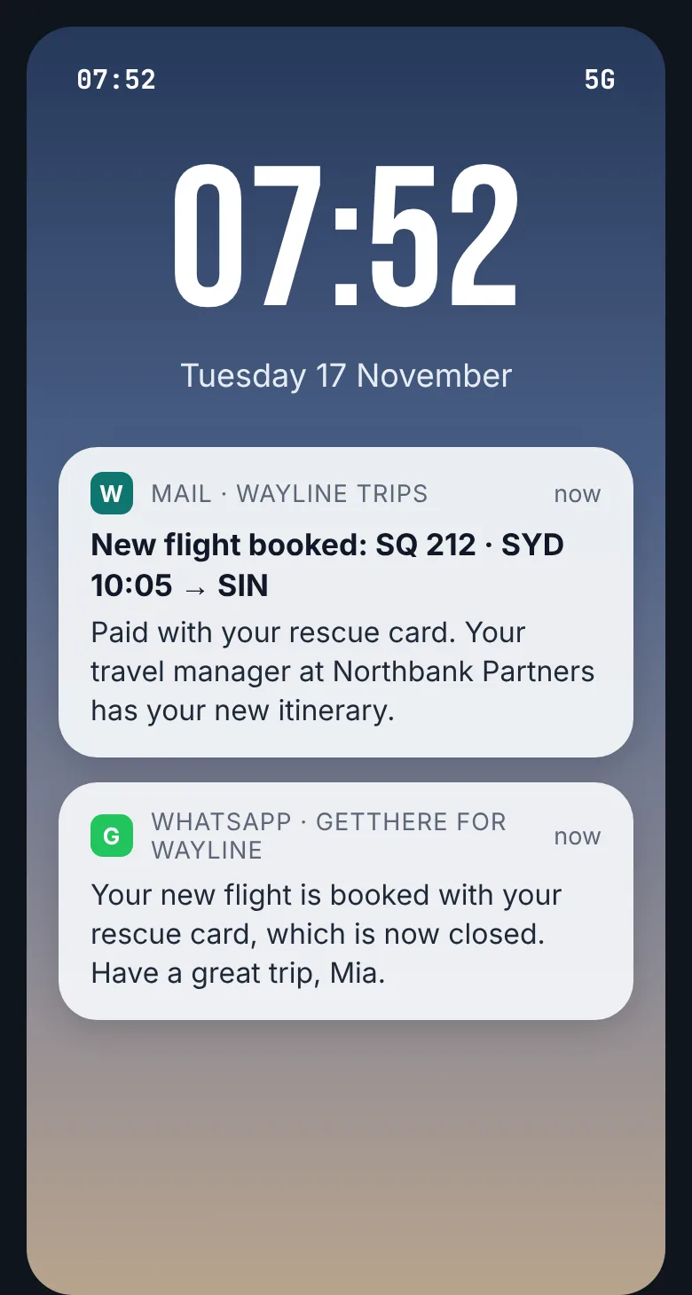 Lock screen at 07:52: Wayline email: new flight SQ 212 booked, travel manager has the itinerary