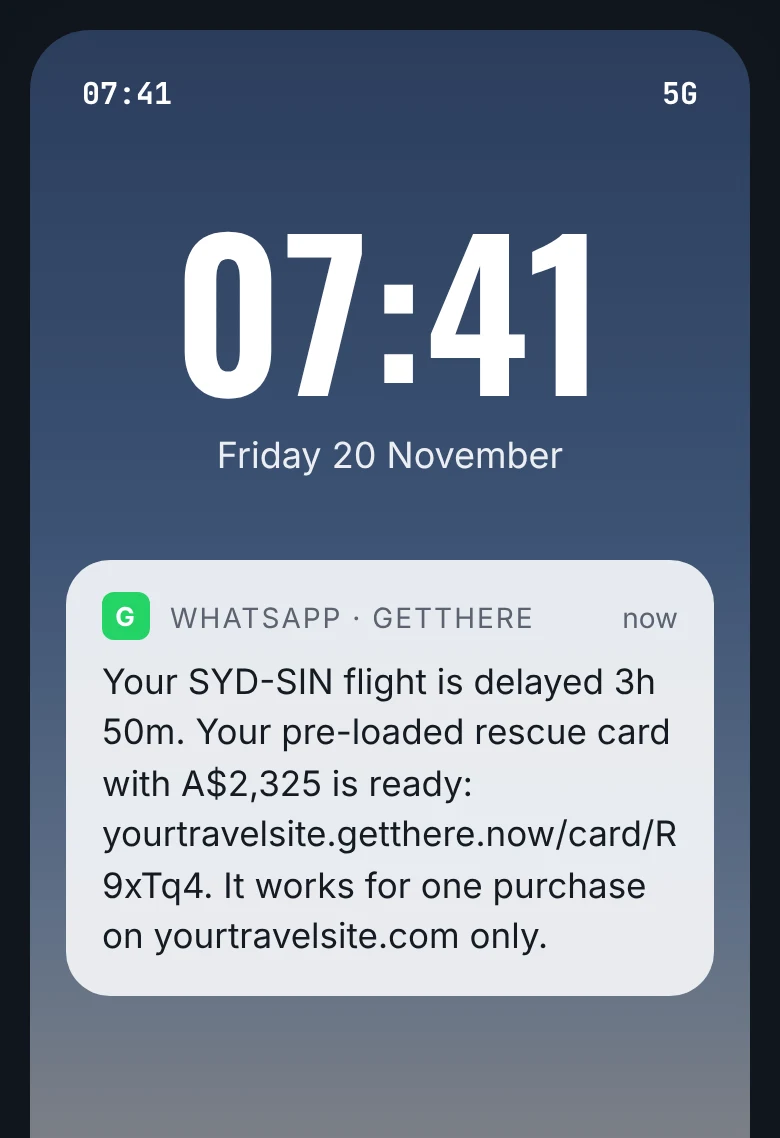 Lock screen at 07:41: WhatsApp message with the delay and the pre-loaded rescue card, which works on your site only