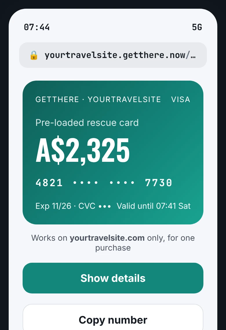 Pre-loaded rescue card page with A$2,325 to spend on your site only