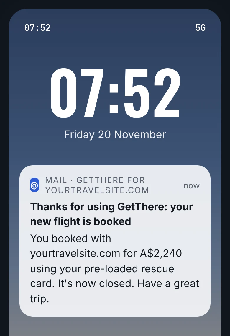 Lock screen at 07:52: email saying the new flight is booked with your site